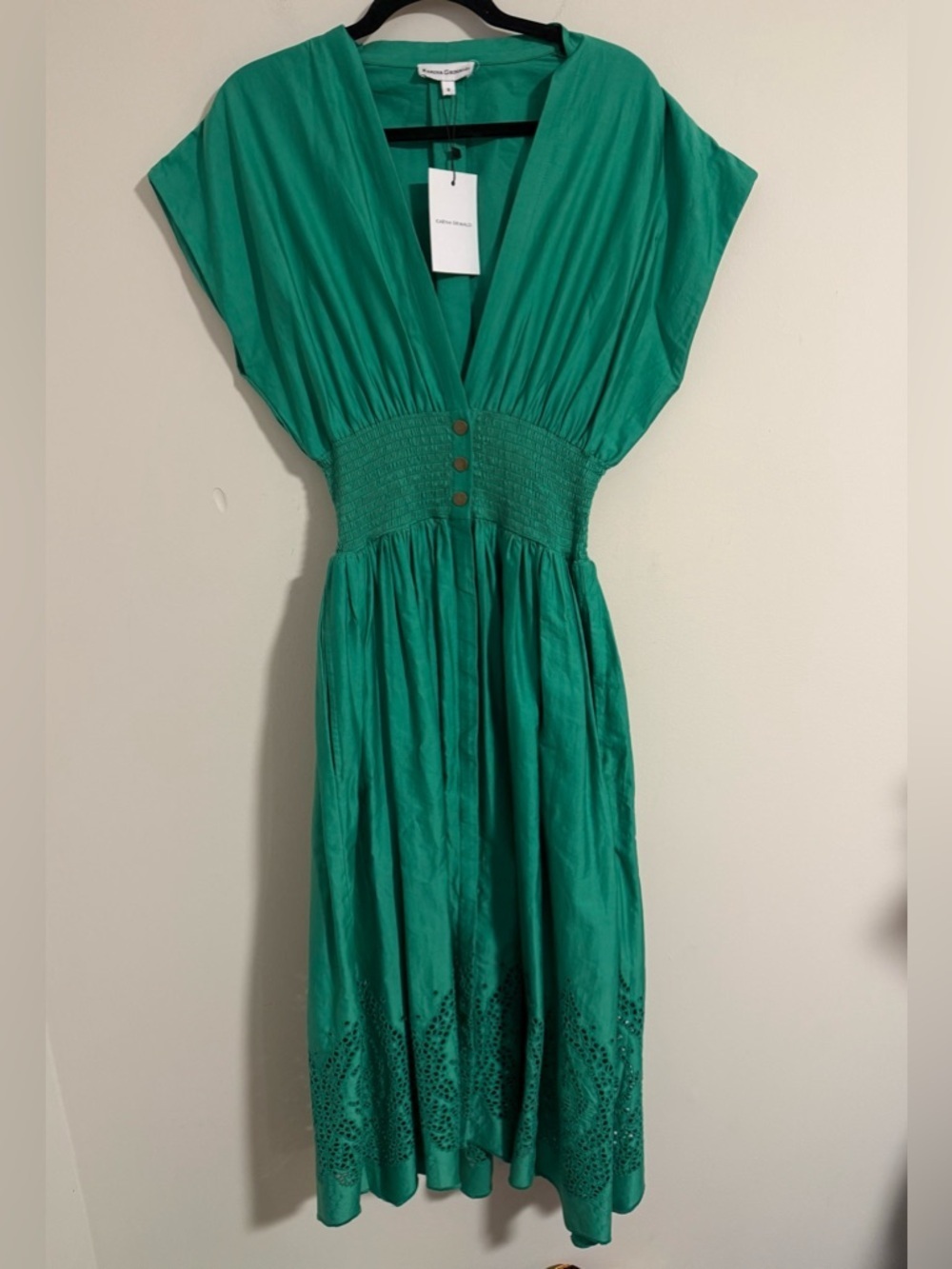 NWT Karina Grimaldi Emerald Green deep V-Neck Midi Dress hayley size S eyelet